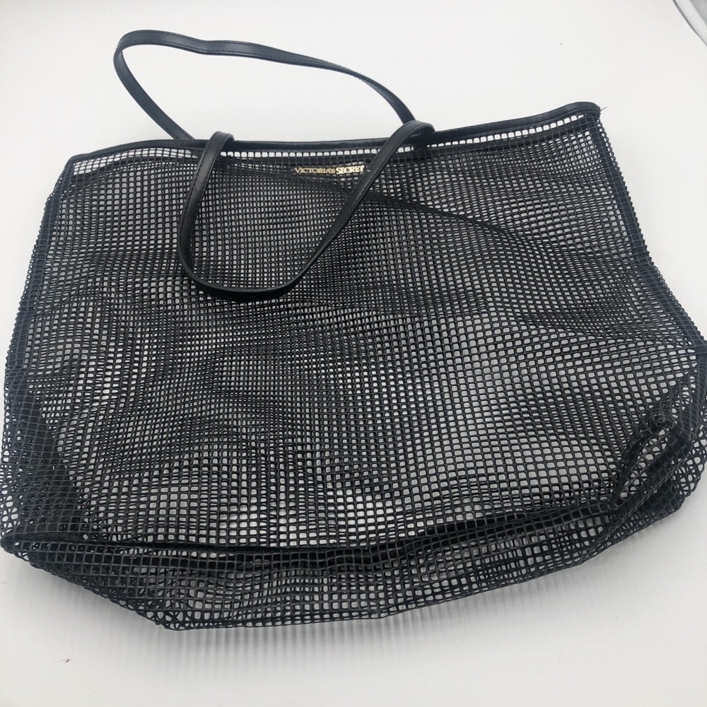 Victoria Secret Beach Bag Rubber Netted Handles Black Shoulder Straps